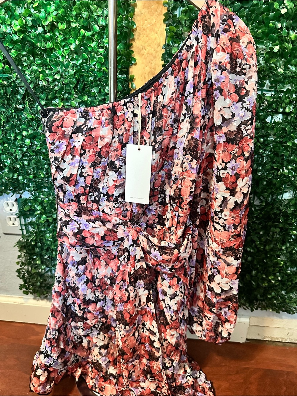 Vici One-Shoulder Floral Twist Dress in Coral, Lavender & Black